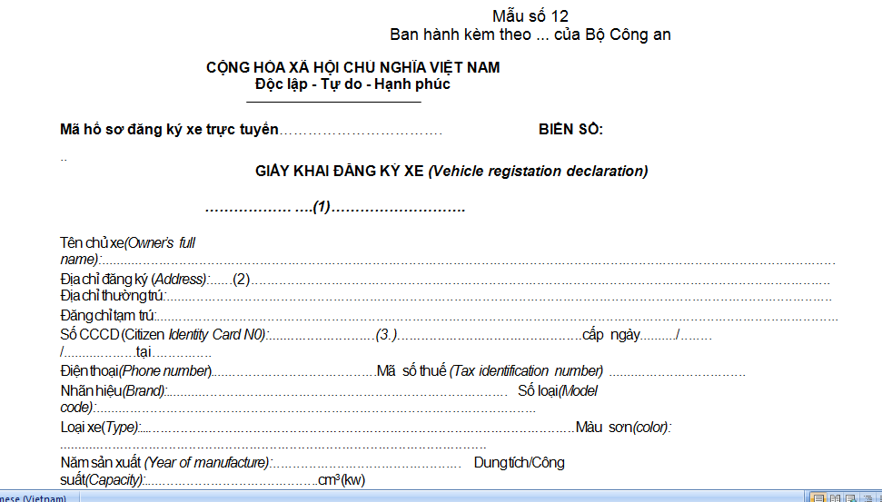 Mẫu giấy khai đăng ký xe