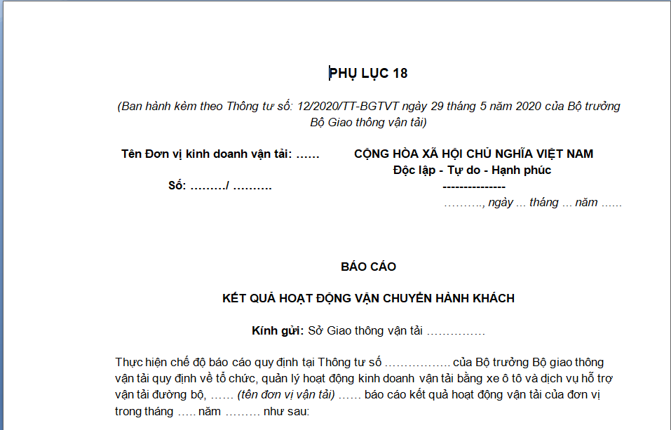 Mẫu báo cáo tháng của đơn vị kinh doanh vận tải