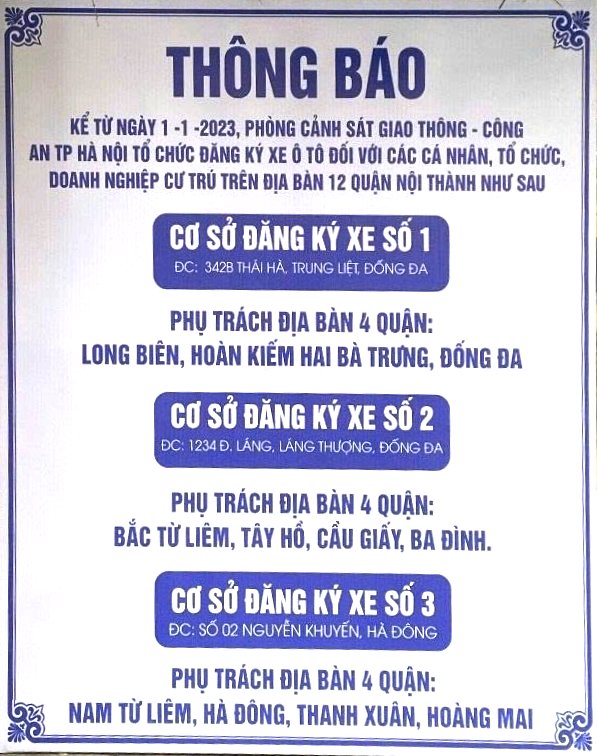 Các điểm đăng ký xe ô tô ở Hà Nội