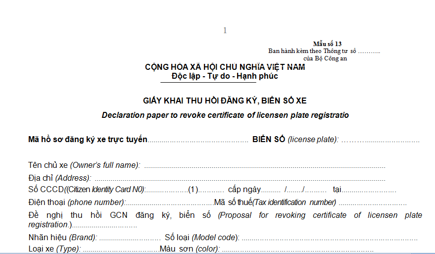 Mẫu tờ khai thu hồi đăng ký biển số xe