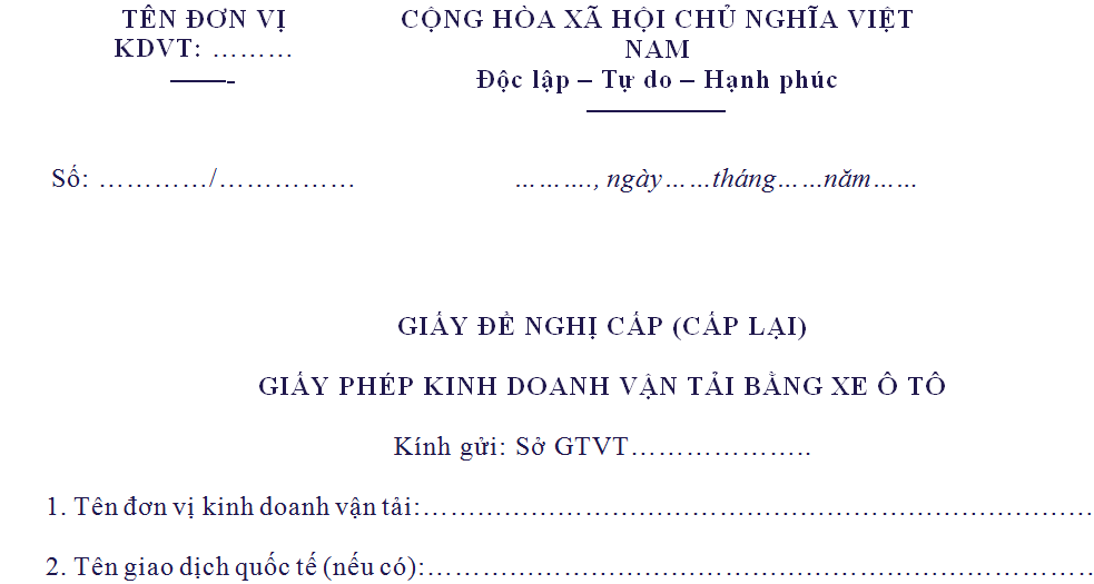 Mẫu đơn xin cấp giấy phép kinh doanh vận tải